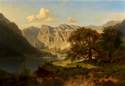 Adolf Chwala - A mountain lake with shepherds. Free illustration for personal and commercial use.