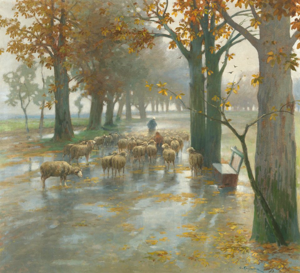 Adolf Kaufmann - Flock of Sheep with Shepherdess on a Rainy Day