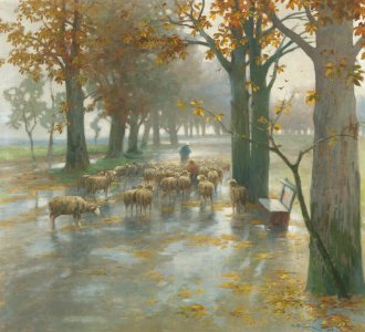 Adolf Kaufmann - Flock of Sheep with Shepherdess on a Rainy Day. Free illustration for personal and commercial use.