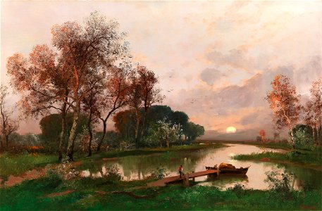 Adolf Kaufmann - A Landscape on the Pond. Free illustration for personal and commercial use.