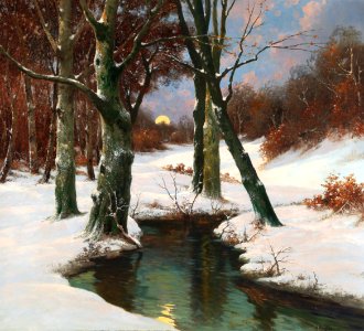 Adolf Kaufmann - Winter Landscape with Rising Moon. Free illustration for personal and commercial use.