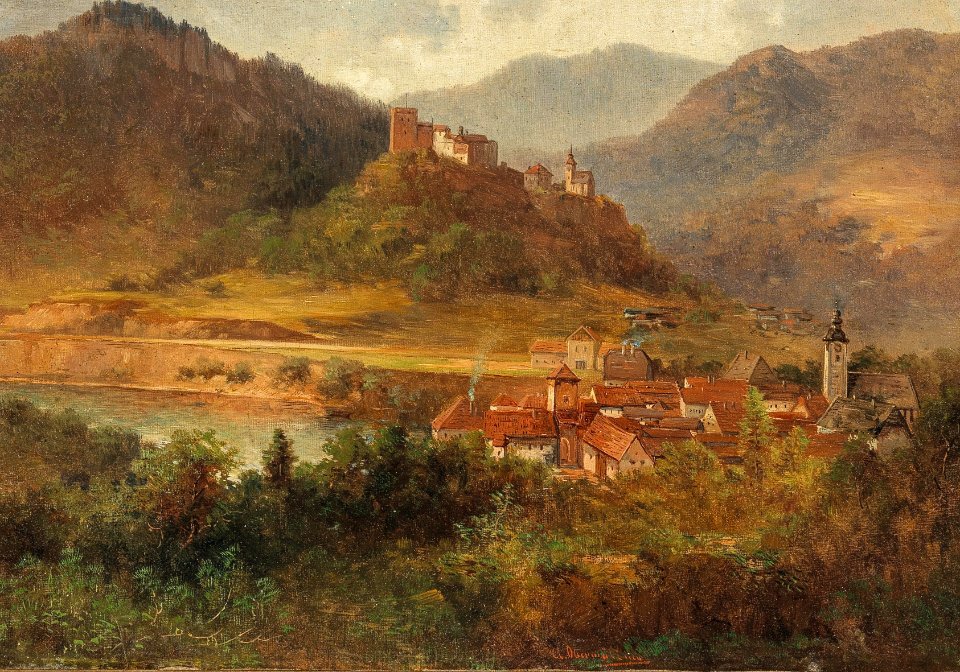 Adolf Obermüllner Dorf mit Fluss und Burg
