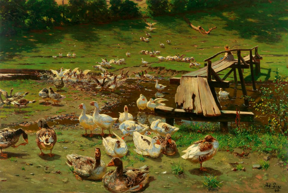 Adolf Lins - A summer day, geese by a pond