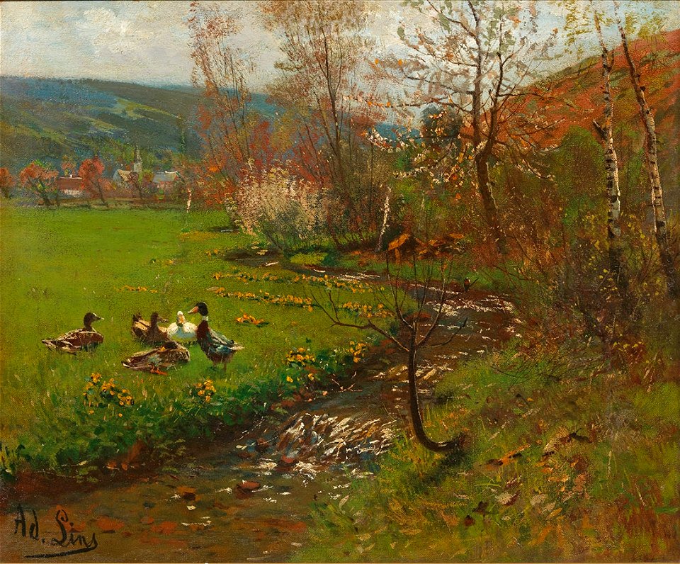 Adolf Lins Sommerlandschaft mit Enten am Bach
