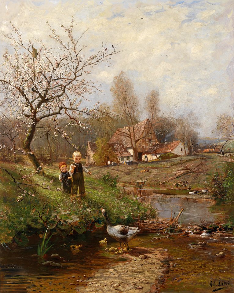 Adolf Lins Frühlingslandschaft mit zwei Kindern und Gänsen
