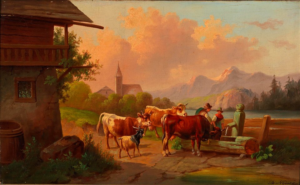 Adolf Nowey Kühe mit Hirte und Hirtin an der Tränke