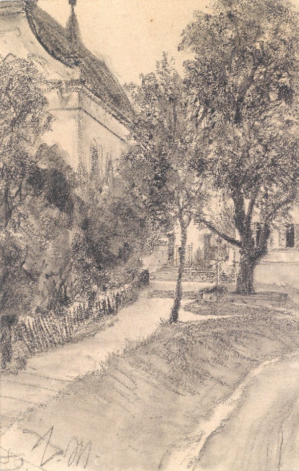 Adolf von Menzel Spazierweg zu einem Haus entlang eines Baches 1882