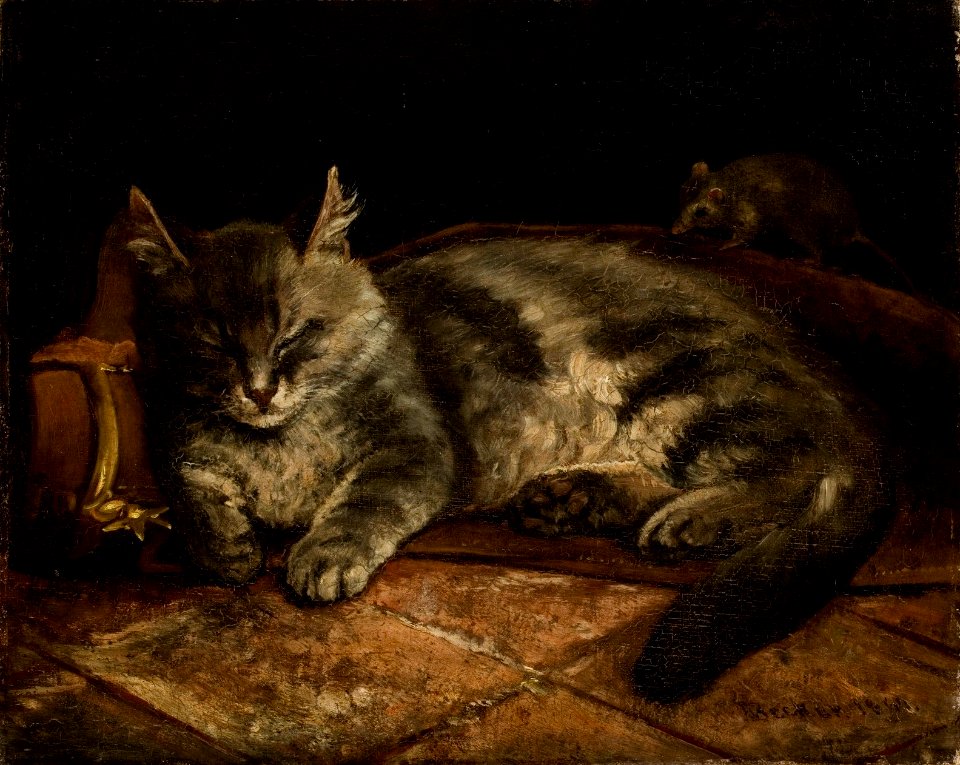 Adolf von Becker - Nukkuva harmaa kissa ja rotta - A I 103 - Finnish National Gallery