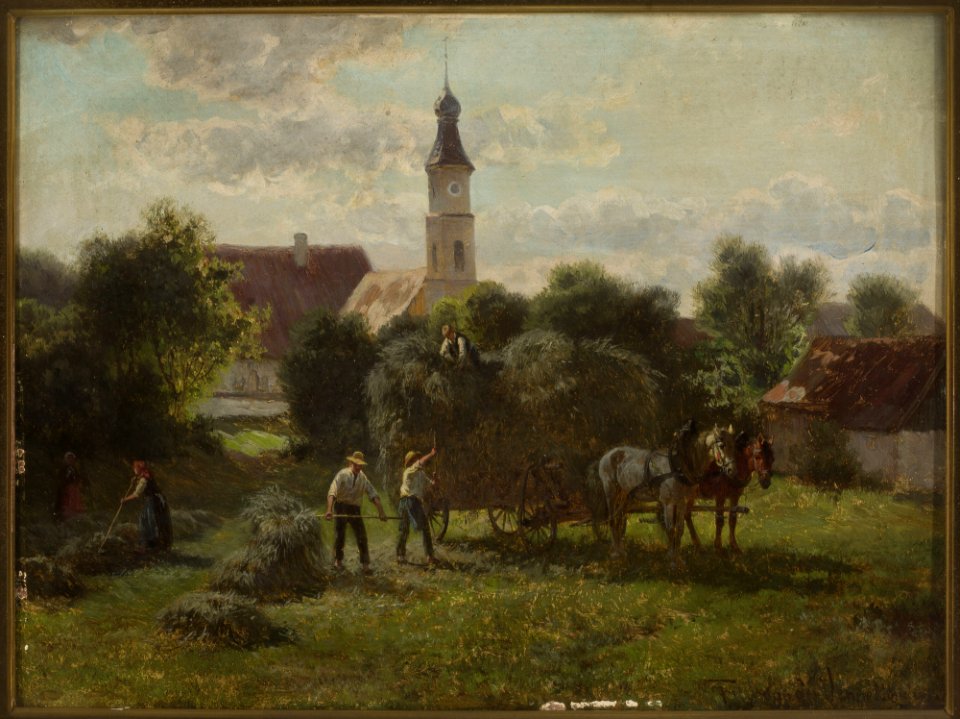 Adolf van der Venne - Carting hay with a view of the village and the church - M.Ob.1840 MNW - National Museum in Warsaw