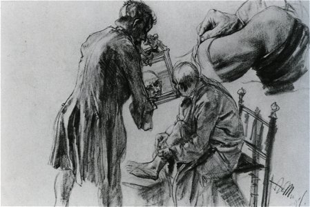 Adolph Menzel - Studie zu Adam beim Verbinden des Beines während er sich im Spiegel betrachtet. Free illustration for personal and commercial use.