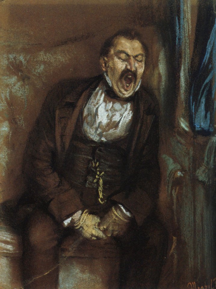 Adolph Menzel - Gähnender Herr im Eisenbahncoupé