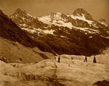 Adolphe Braun - Alpine Landscape, Three Hikers on a Glacier - Google Art Project. Free illustration for personal and commercial use.