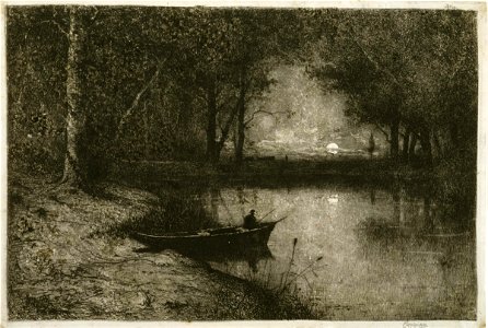 Adolphe Appian - Fisherman in a Rowboat, at the Edge of a River - Google Art Project. Free illustration for personal and commercial use.