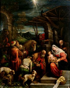 Adoración de los Reyes Magos, de Francesco Bassano (Museo del Prado). Free illustration for personal and commercial use.