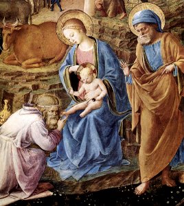Adoration of the Magi tondo by Fra Angelico and Lippi, detail. Free illustration for personal and commercial use.