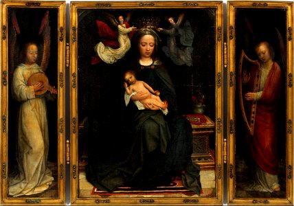 Adriaen Isenbrant - Triptych Madonna Enthroned with music-making angels. Free illustration for personal and commercial use.