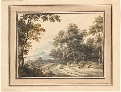 Adriaen Frans Boudewijns - Two Men at the Edge of a Woodland Road. Free illustration for personal and commercial use.