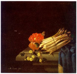 Adriaen Coorte - Strawberries, Asparagus, and Gooseberries with a Tablecloth