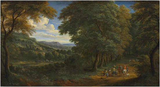 Adriaen Frans Boudewijns - A wooded landscape with horsemen greeting travelers on a path