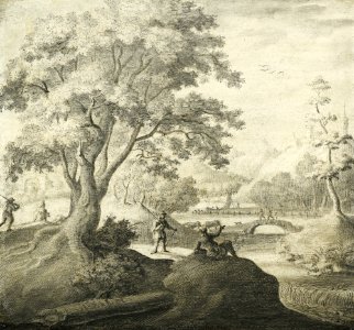 Adriaen Cornelisz. van der Salm River landscapes with persons resting along a path. Free illustration for personal and commercial use.