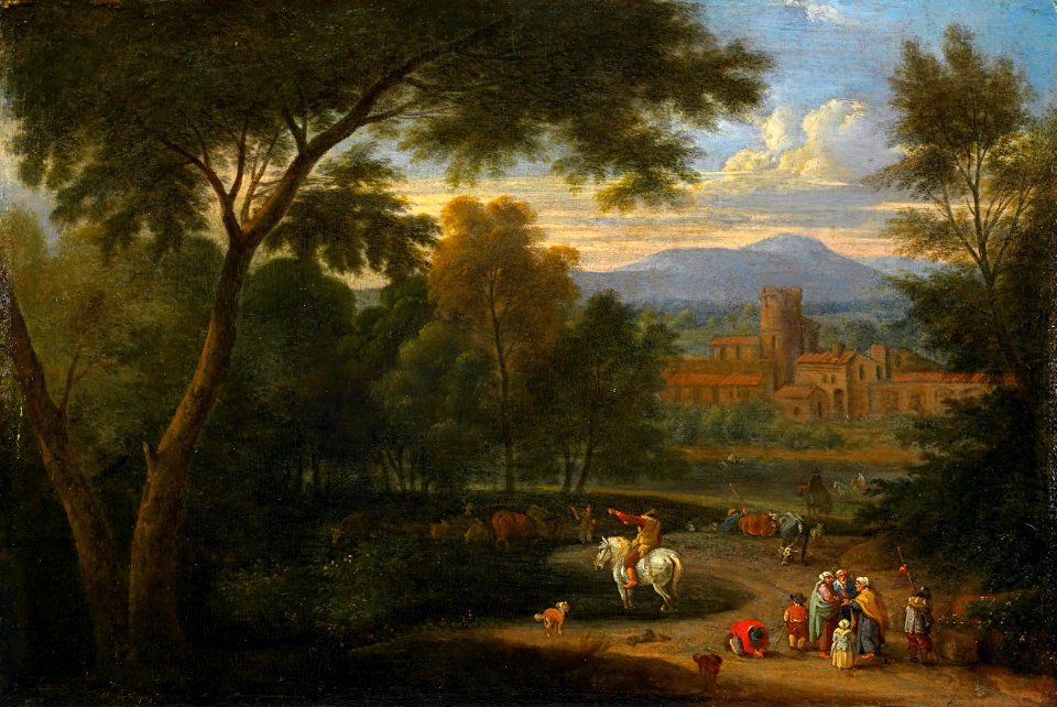Adriaen Frans Boudewijns - Italianate landscape with travelers and horsemen