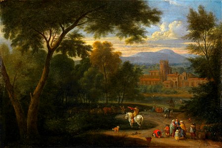 Adriaen Frans Boudewijns - Italianate landscape with travelers and horsemen. Free illustration for personal and commercial use.