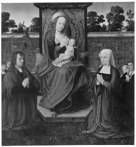 Adriaen Isenbrant - Madonna lactans with donors in a garden. Free illustration for personal and commercial use.