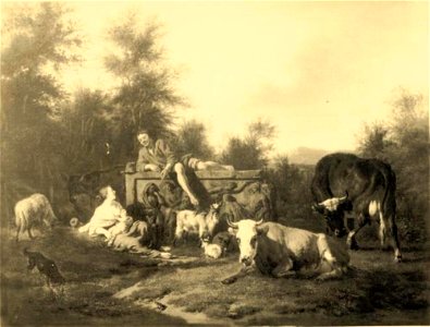 Adriaen van de Velde - Italianiserend landschap met een herder, liggend op een sarcofaag en een herderin die een kind de borst geeft - 818 - Museum der bildenden Künste