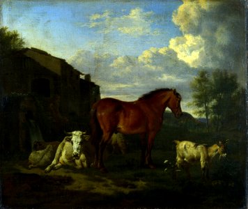 Adriaen van de Velde - Een bruin paard, een koe, een geit en drie schapen (1663). Free illustration for personal and commercial use.