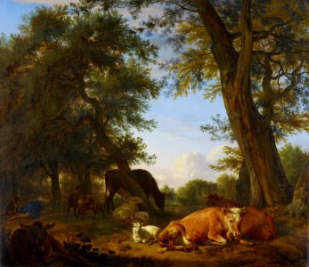 Adriaen van de Velde (Amsterdam 1636-Amsterdam 1672) - Cattle and Sheep Resting under Trees, a Shepherdess Asleep - RCIN 404815 - Royal Collection
