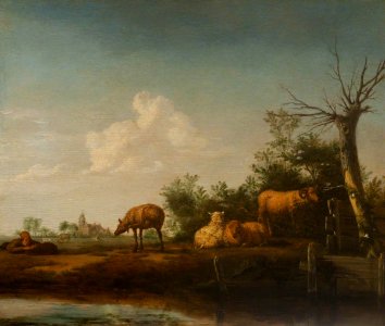 Adriaen van de Velde (1636-1672) - Sheep by a Stream with a Shepherd and His Dog - 1507734 - National Trust