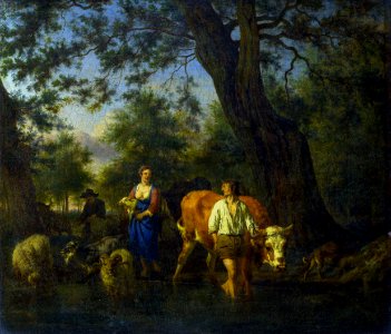Adriaen van de Velde - Boeren met vee in een beek (c.1662)