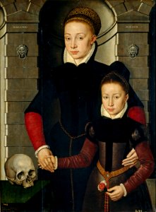 Adriaen van Cronenburg Portrait of a Lady and a Young Girl Holding Three Flowers