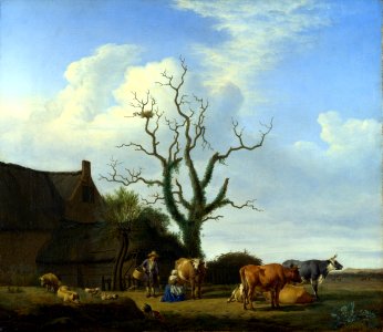 Adriaen van de Velde - Een boerderij met een dode boom (1658). Free illustration for personal and commercial use.