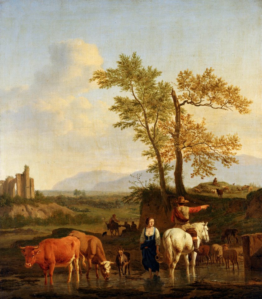 Adriaen van de Velde (Amsterdam 1636-Amsterdam 1672) - A Horseman at a Ford, Asking the Way of a Herdswoman, in an Italianate Landscape - RCIN 400941 - Royal Collection