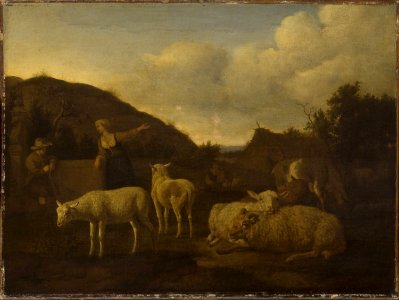 Adriaen van de Velde - A Shepherd and a Shepherdess with a Flock of Sheep Cat606. Free illustration for personal and commercial use.