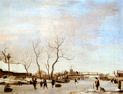 Adriaen van de Velde - Frozen Canal with Skaters and Hockey Players - WGA24483. Free illustration for personal and commercial use.