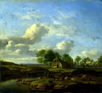 Adriaen van de Velde - Een landschap met een boerderij (1661). Free illustration for personal and commercial use.