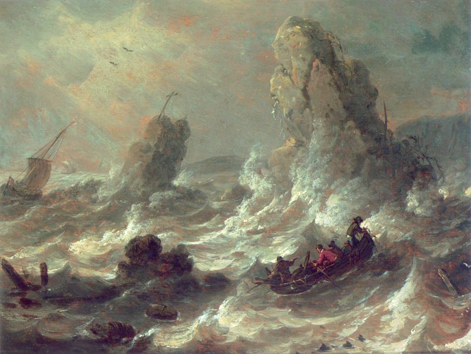 Adriaen van der Kabel - Stormachtige zee met enkele boten bij rotsen
