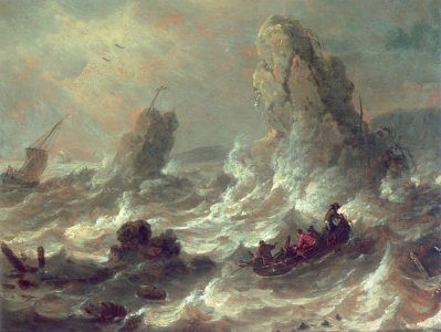 Adriaen van der Kabel - Stormachtige zee met enkele boten bij rotsen