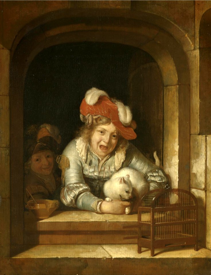 Adriaen van der Werff - Two Children playing with a Cat with a Bird in its Jaws L07033-14-lr-1