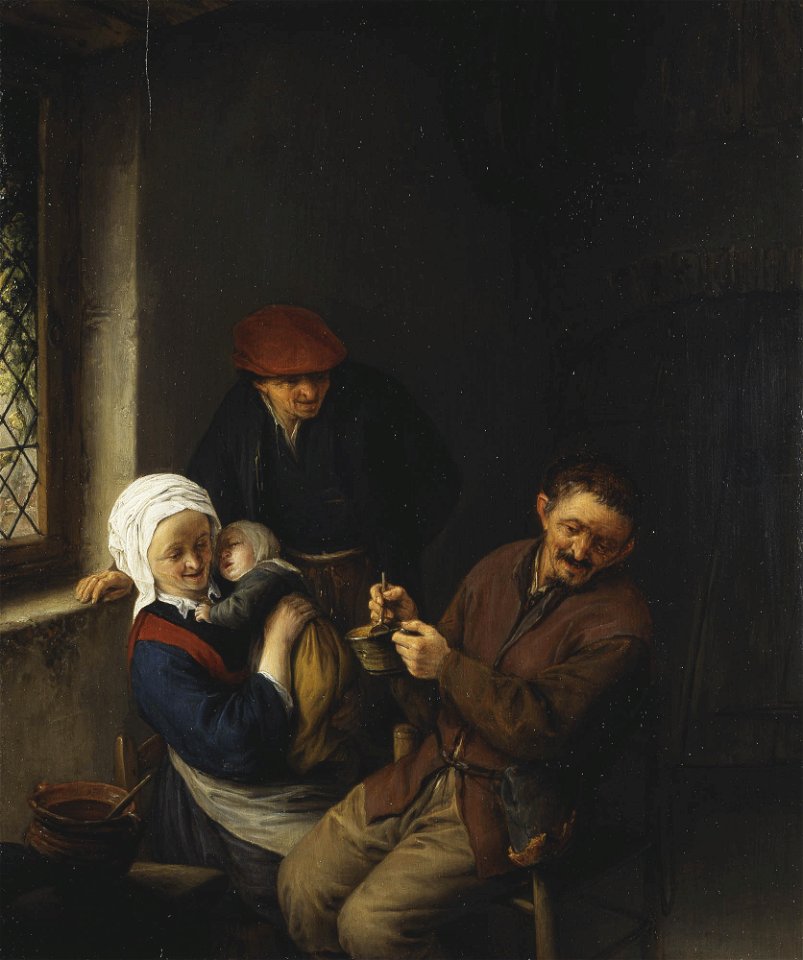 Adriaen van Ostade - Interior of a Peasant's Cottage with a Child about to be Fed - 1651