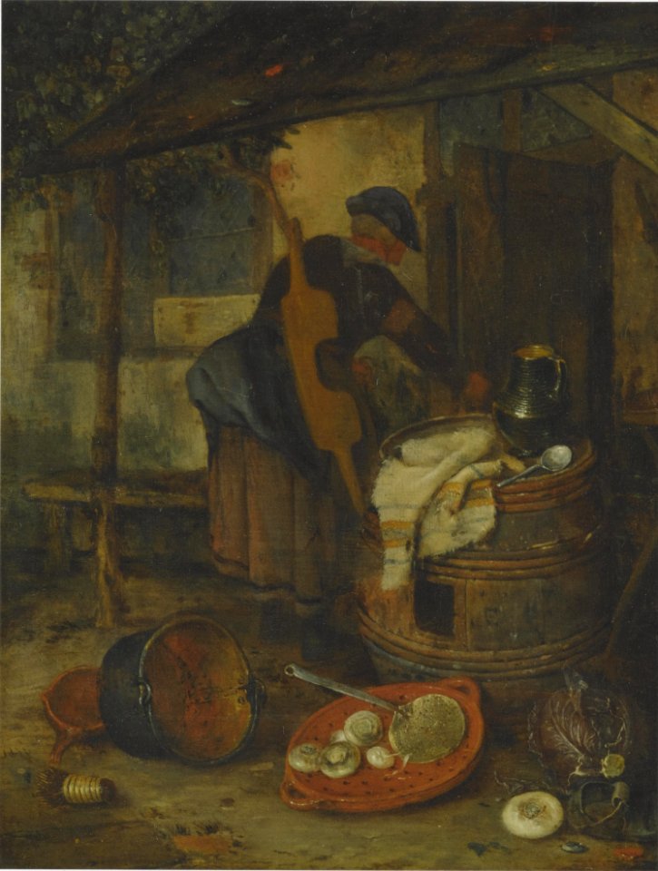 Adriaen van Ostade - A Maid by a Door with a Barrel and Vegetables