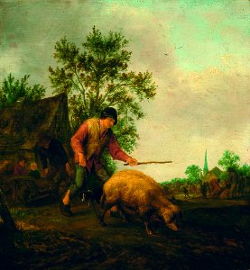 Adriaen van Ostade - Farmer with a Pig - 745 - Mauritshuis. Free illustration for personal and commercial use.