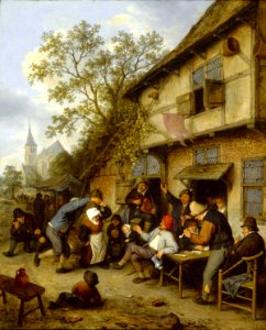 Adriaen van Ostade - Dansende boeren voor een herberg (1670)