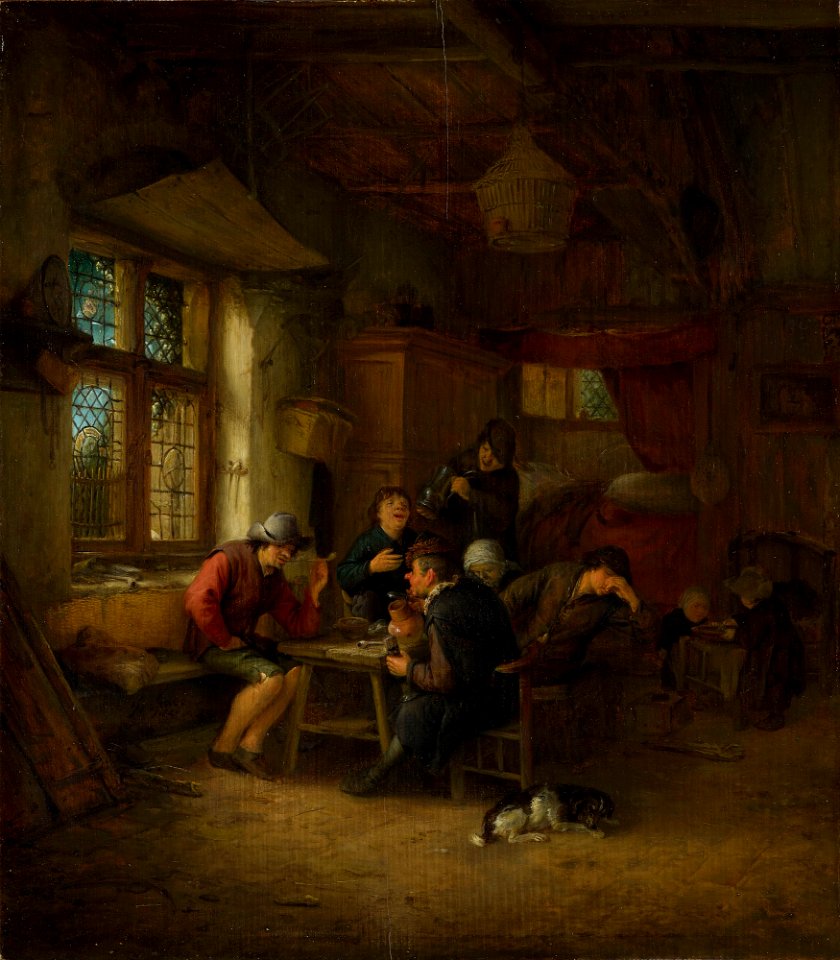 Adriaen van Ostade - Interior of a Tavern with a Five Peasants and a Woman RCIN 404575