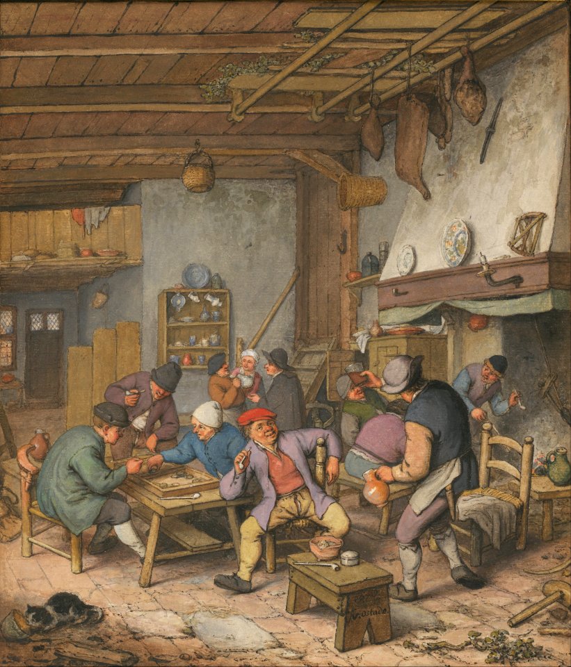 Adriaen van Ostade - Room in an Inn with Peasants Drinking, Smoking and Playing Backgam, 1678 - Google Art Project