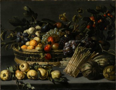 Adriaen van Utrecht - Still life with fruit piled high in a basket, surrounded by quinces, melons and asparagus on a ledge