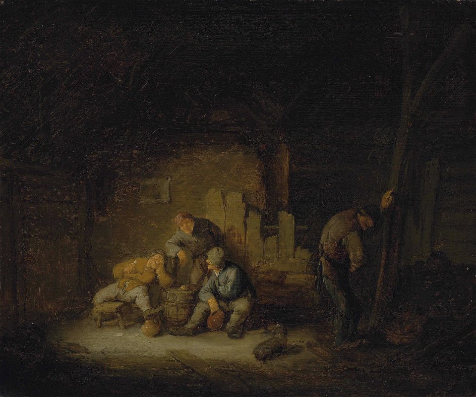 Adriaen van Ostade after - Peasants sitting and drinking in a barn with a dog 2013 CKS 01138 0144