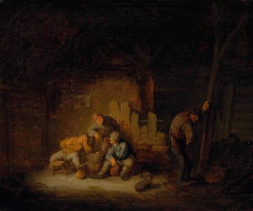 Adriaen van Ostade after - Peasants sitting and drinking in a barn with a dog 2013 CKS 01138 0144